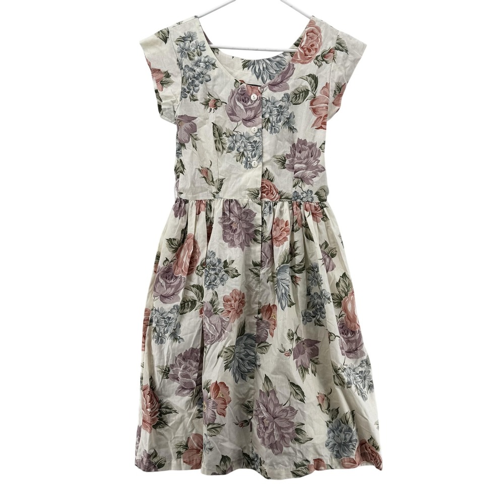 Vintage Jamie Dress Womens Size 8 Cream Floral Button Front Made In USA 80s 90S